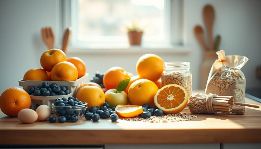 A bountiful arrangement of wholesome breakfast ingredients artfully placed on a wooden kitchen counter, bathed in soft, diffused natural light. Crisp, ripe apples, juicy oranges, and plump blueberries sit alongside a carton of fresh eggs, a jar of raw honey, and a bundle of fiber-rich oats. Sunlight filters through the nearby window, casting a warm, inviting glow across the scene. The minimal, cozy setting with light blue accents creates a serene, nourishing atmosphere, inviting the viewer to imagine crafting a delicious, low-sugar morning meal.