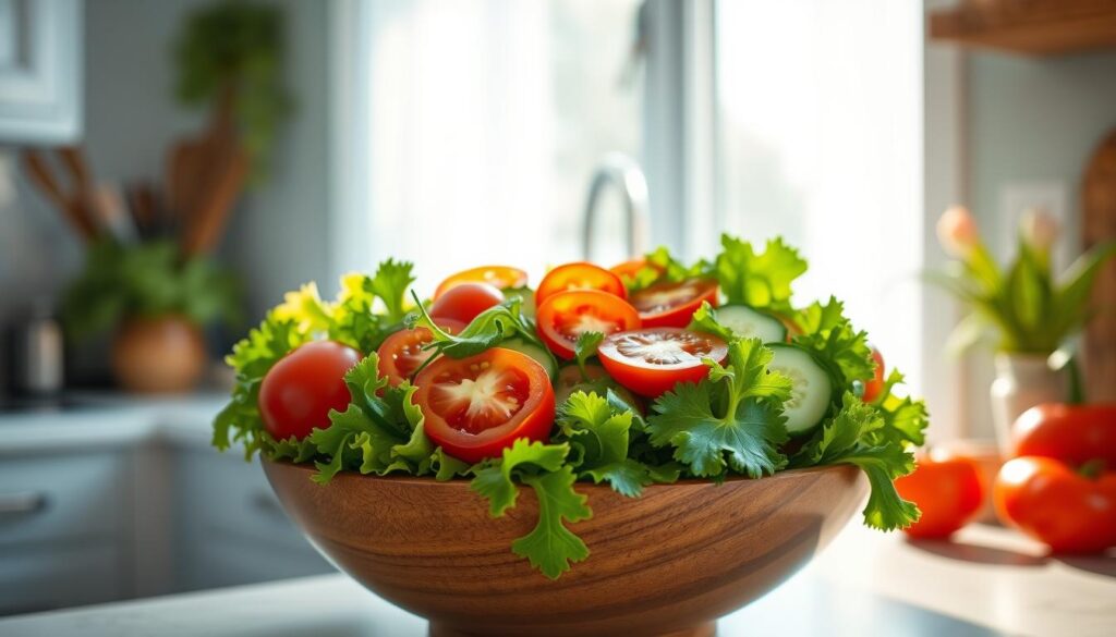 A bountiful array of fresh leafy greens, crisp vegetables, and vibrant colors fill a wooden salad bowl on a light blue-accented kitchen counter. The sun streams in through a nearby window, casting a warm, natural glow over the scene. Ripe tomatoes, crunchy cucumbers, and vibrant bell peppers are carefully arranged, creating a visually appealing and appetizing composition. The salad appears inviting and bursting with nutritious goodness, ready to be transformed into a nourishing and delectable cold lunch option.
