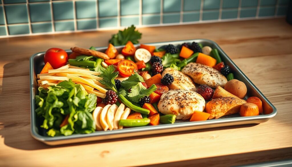 A bountiful array of fresh, nutrient-dense ingredients rests on a sleek sheet pan, bathed in warm, natural light. An assortment of crisp vegetables, juicy chicken breasts, and hearty sweet potatoes are artfully arranged, their vibrant colors and textures complementing each other. The simple, minimal kitchen setting features soft blue accents and natural wood tones, creating a soothing, inviting atmosphere. The scene conveys the ease and health benefits of sheet pan meals, perfect for a busy weeknight dinner or a nourishing meal prep option.
