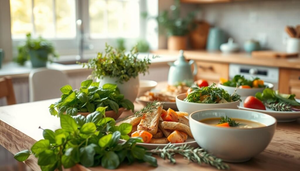 A bountiful array of summer herb-infused dishes arranged artfully on a wooden table, bathed in warm, natural light streaming through a nearby window. The foreground features an assortment of vibrant greens, from fragrant basil, earthy thyme, and fragrant rosemary, perfectly complementing the delicate textures of grilled vegetables, crisp salads, and chilled soups. In the middle ground, a vintage ceramic bowl overflows with fresh herbs, their verdant hues a striking contrast to the light blue ceramic accents scattered throughout the scene. The background gently fades, revealing the cozy, minimalist kitchen, its wooden surfaces and muted tones creating a sense of calm and rustic elegance.