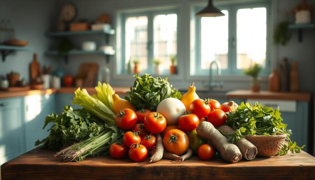 A bountiful assortment of fresh, locally-sourced produce sits atop a rustic wooden table in a cozy, minimalist kitchen. Vibrant tomatoes, crisp greens, and earthy roots cast warm shadows under the soft, diffused light filtering through large windows. The clean, light blue accents on the walls and shelves create a calm, inviting atmosphere, allowing the natural colors and textures of the seasonal ingredients to take center stage. This still life captures the essence of gathering the finest, locally-grown produce to craft meals bursting with authentic, maximized flavor.