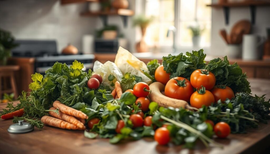 A bountiful assortment of fresh, vibrant vegetables spilled across a wooden table in a cozy, light-filled kitchen. A mix of leafy greens, crisp carrots, juicy tomatoes, and other seasonal produce gently illuminated by soft, natural lighting. The scene exudes an atmosphere of simplicity and abundance, inviting the viewer to imagine the delicious, nourishing meal that could be crafted from these wholesome, farmers market-sourced ingredients.
