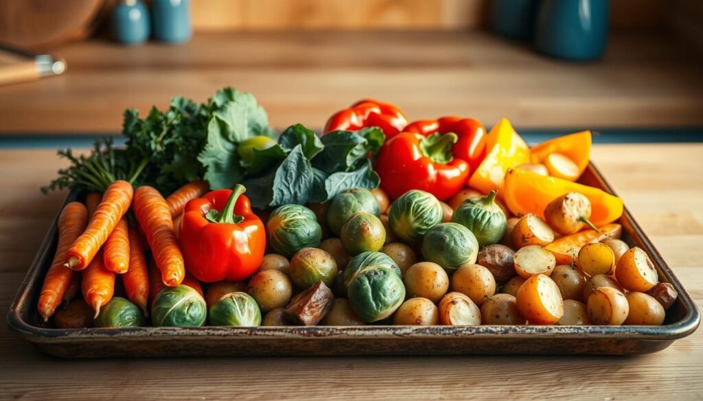 A bountiful assortment of freshly harvested seasonal vegetables, arranged in a visually appealing manner on a rustic sheet pan. Crisp carrots, vibrant bell peppers, earthy Brussels sprouts, and tender baby potatoes, all lightly coated in a shimmering olive oil glaze. Warm, soft lighting from above casts a gentle glow, highlighting the natural textures and rich colors of the produce. The minimalist kitchen setting, with its wooden surfaces and calming blue accents, provides a serene backdrop, allowing the seasonal vegetable medley to take center stage.