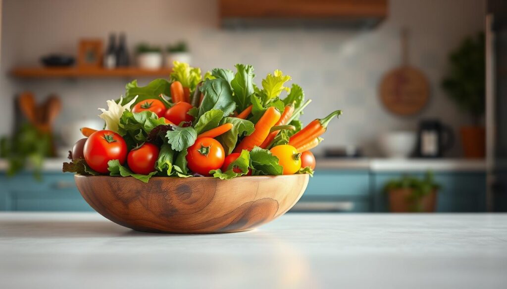 A bountiful assortment of vibrant, freshly-picked vegetables arranged in a rustic wooden salad bowl, including crisp greens, juicy tomatoes, crunchy carrots, and colorful bell peppers. The arrangement is set against a backdrop of a cozy, minimal kitchen with light blue accents and natural wooden textures, bathed in warm, soft lighting, creating a serene, inviting atmosphere. The salad appears bursting with nutrients and visual appeal, perfectly capturing the essence of "Quick and Nutrient-Packed Salad Options" for a "High Protein Lunch Prep Seasonal Produce For Freshness" article.