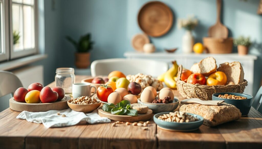 A bountiful assortment of whole food breakfast essentials arranged on a rustic wooden table, bathed in soft, natural light. Fresh fruits, organic eggs, artisanal bread, and a selection of nuts and seeds, all set against a backdrop of light blue walls and minimalist decor, creating a cozy, inviting atmosphere. The scene captures the essence of a nourishing, wholesome start to the day, free from processed ingredients.