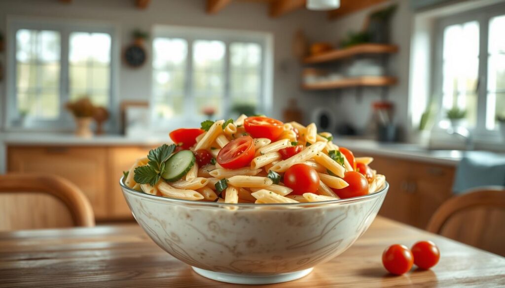 A bountiful bowl of hearty pasta salad takes center stage in a cozy, minimalist kitchen. Vibrant tomatoes, crisp cucumbers, and tender penne pasta are tossed in a creamy, herb-infused dressing, casting a delightful medley of colors and textures. The scene is bathed in soft, natural light filtered through large windows, creating a warm, inviting atmosphere. Wooden surfaces and light blue accents lend a touch of rustic elegance, while the lack of hands in the frame allows the dish to be the sole focus. This visually appealing, filling lunch option beckons the viewer to dive in and savor its flavors.
