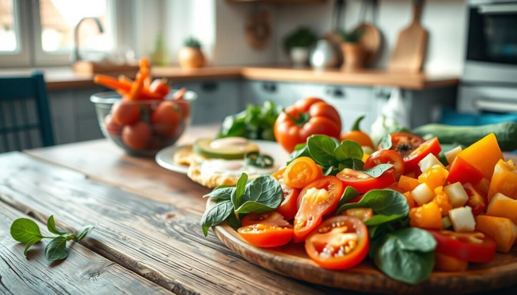 A bountiful breakfast scene unfolds on a rustic wooden table, with vibrant vegetables taking center stage. In the foreground, a platter showcases a medley of freshly sliced tomatoes, crunchy bell peppers, and tender spinach leaves. Beside it, a bowl brimming with grated carrots and diced zucchini adds a burst of color. In the middle ground, a delicate egg-white omelet, garnished with fragrant herbs, sits atop a plate with a side of avocado slices. The background features a simple, light-filled kitchen with minimal decor, accentuated by soothing blue accents and natural wooden tones. Capturing the essence of a nourishing, vegetable-packed breakfast, this image invites the viewer to savor a balanced and wholesome start to the day.
