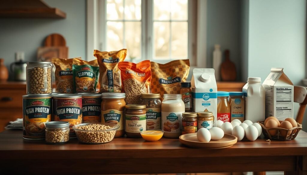 A bountiful collection of high-protein pantry staples neatly arranged on a wooden kitchen table, bathed in warm, natural lighting from a large window. Cans of beans, bags of lentils, jars of nut butters, and cartons of shelf-stable milk and eggs create a visually appealing and practical emergency meal backup. The minimal, light blue-accented kitchen setting exudes a sense of calm and organization, conveying the ability to prepare stress-free, nutritious meals even in unexpected circumstances.