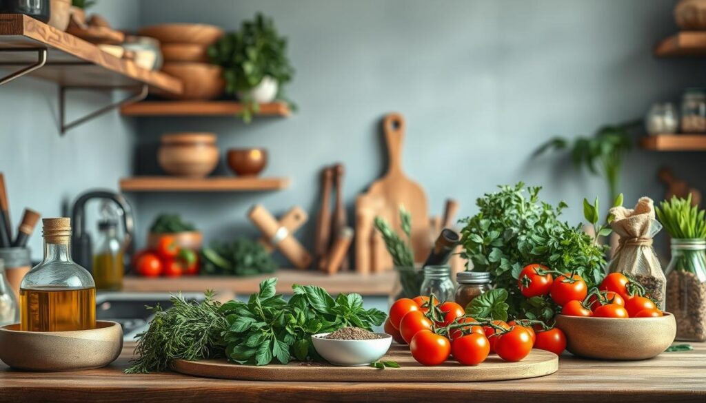 A bountiful display of Mediterranean pantry essentials, meticulously arranged in a cozy, minimalist kitchen. Rustic wooden shelves and countertops create a warm, inviting atmosphere, accented by soft blue hues. Freshly harvested olive oil, aromatic herbs, vibrant tomatoes, and a variety of spices capture the essence of heart-healthy Mediterranean cuisine. The scene is bathed in natural light, highlighting the vibrant colors and textures of these essential ingredients. A sense of simplicity and culinary potential permeates the frame, inviting the viewer to explore the possibilities of crafting a nourishing, Mediterranean-inspired meal.