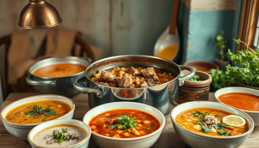 A bountiful display of Middle Eastern soups and stews, simmering with aromatic spices and fresh herbs. In a cozy, minimal kitchen with wooden textures and light blue accents, a large pot of thick, hearty lamb and lentil stew takes center stage, its rich broth shimmering under the warm glow of pendant lighting. Surrounding it, bowls of creamy chickpea and spinach soup, fragrant harira with tender lamb, and a vibrant tomato and bulgur wheat soup, each garnished with a sprinkle of za'atar, cilantro, and lemon wedges. The scene exudes comfort and nourishment, inviting the viewer to take a seat and savor the flavors of the Middle East.