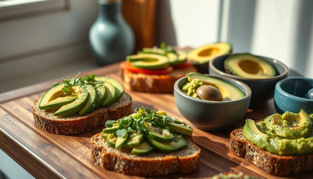 A bountiful display of avocado toast variations, meticulously crafted in a cozy, minimalist kitchen. A crisp sourdough base supports a vibrant array of toppings - sliced avocado, sprinkling of sea salt, a drizzle of olive oil, and a delicate garnish of microgreens. Alongside, a bowl of perfectly ripe avocado halves, their flesh ready to be mashed and combined with a hint of lemon, a touch of garlic, and a sprinkle of cracked black pepper. A side of toasted whole grain bread, ready to soak up the creamy, flavorful spread. Soft natural lighting filters in, casting a warm glow and enhancing the earthy tones of the wooden surfaces and blue accents that frame this nourishing tableau.
