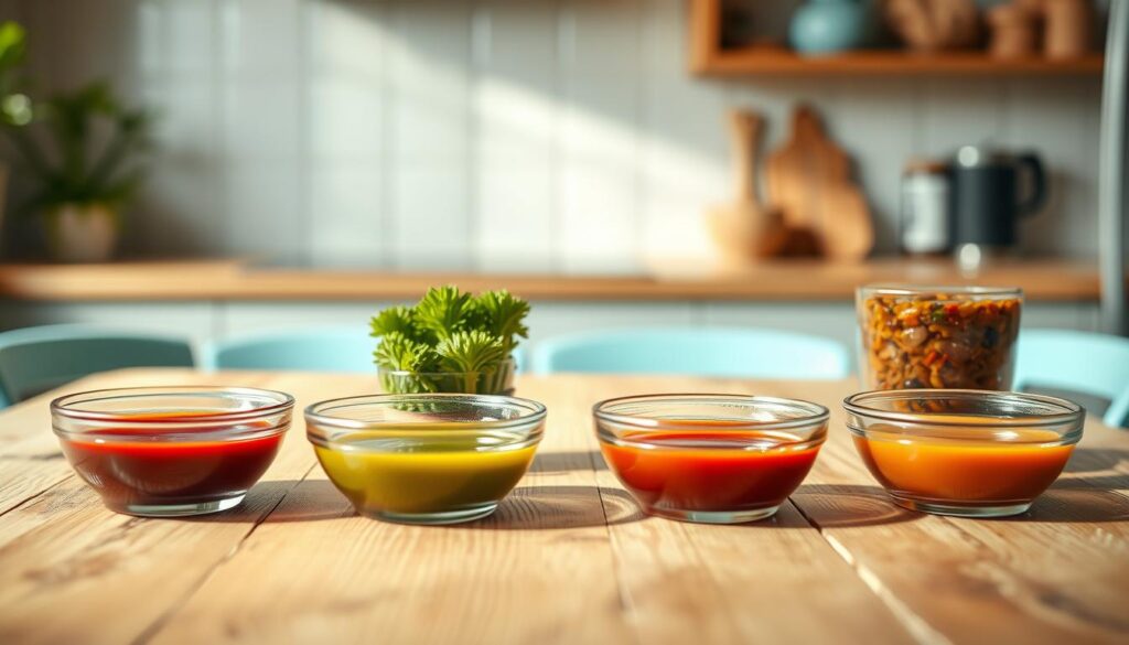 A bountiful display of custom stir fry sauce variations, meticulously arranged on a rustic wooden table. Elegantly presented in small glass bowls, each sauce showcases a distinct hue and texture - from the deep crimson of a homemade teriyaki, to the vibrant green of a cilantro-infused Thai-inspired blend, to the earthy brown of a rich mushroom-based umami-packed concoction. The scene is bathed in warm, natural light, casting a cozy ambiance in the minimal kitchen setting, with light blue accents complementing the wooden tones. This visually captivating display invites the viewer to explore the boundless possibilities of personalized stir fry flavor profiles, perfectly aligning with the 