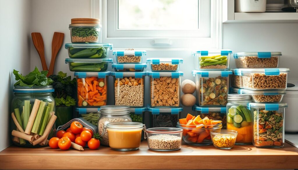 A bountiful display of dietary-friendly meal prep options nestled in a cozy, minimal kitchen. Artfully arranged glass containers showcase a vibrant array of nutrient-dense ingredients - crisp veggies, lean proteins, wholesome grains, and flavorful sauces. Soft, natural lighting casts a warm glow, highlighting the textural contrasts of the wooden surfaces and light blue accents. The scene exudes a sense of balance, organization, and a commitment to nourishing, customizable meals - a visual representation of the "Customizing Your Meal Prep for Dietary Preferences" section.
