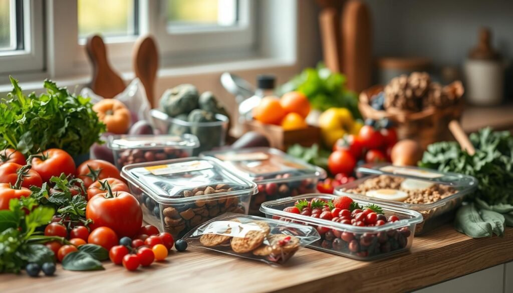 A bountiful display of fresh produce, vegetables, and freezer-friendly meals artfully arranged on a wooden kitchen counter. Vibrant hues of ripe tomatoes, leafy greens, and colorful berries intermingle with the muted tones of neatly packaged frozen dishes. The soft, natural lighting from a nearby window casts a warm glow, highlighting the textures and details of the ingredients. A sense of simplicity and mindfulness pervades the scene, inviting the viewer to envision the nourishing possibilities of incorporating these wholesome elements into a month's worth of delectable freezer-stored breakfasts.