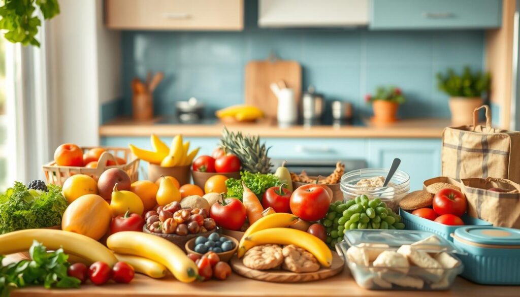 A bountiful display of fresh travel snacks arranged in a cozy, minimal kitchen with warm wooden textures and light blue accents. A variety of vibrant fruits, crisp vegetables, and wholesome baked goods fill the frame, creating a visually appealing and appetizing scene. The natural lighting casts a soft, inviting glow, capturing the essence of nourishing, on-the-go meals. Compact containers and reusable utensils suggest the ease of packing and enjoying these delectable treats during a business trip. This harmonious composition embodies the idea of keeping meals fresh and nutritious while traveling.