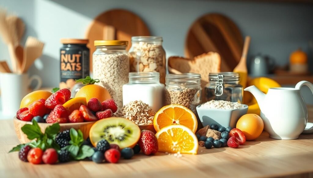 A bountiful display of healthy breakfast ingredients arranged on a wooden kitchen counter, bathed in soft, natural light. In the foreground, a variety of fresh fruits like berries, sliced kiwi, and juicy orange wedges. In the middle ground, a selection of wholesome grains such as oats, quinoa, and whole wheat toast. Complementing these, jars of nutrient-rich nut butters, Greek yogurt, and a carafe of honey. The background features a simple, minimalist aesthetic with light blue accents, highlighting the natural, clean-eating vibe. A visually appealing scene that captures the essence of swapping traditional breakfast items for healthier, more nourishing alternatives.