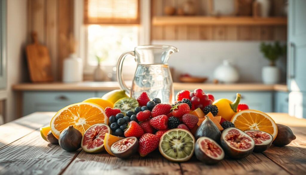 A bountiful display of natural sugars, vibrant seasonal fruits artfully arranged on a rustic wooden table. Sunlight filters through a nearby window, casting a warm glow over the scene. In the foreground, juicy slices of orange, kiwi, and berries, their colors a symphony of health and vitality. Surrounding them, halved figs, plump and glistening, offer a touch of earthy sweetness. In the middle ground, a glass pitcher filled with crystal-clear water, a subtle reminder of the hydrating properties of these low-sugar delights. The background features a minimalist kitchen backdrop, wooden textures and light blue accents creating a cozy, inviting atmosphere. No distracting elements, the focus solely on the natural goodness of these seasonal breakfast fruits.