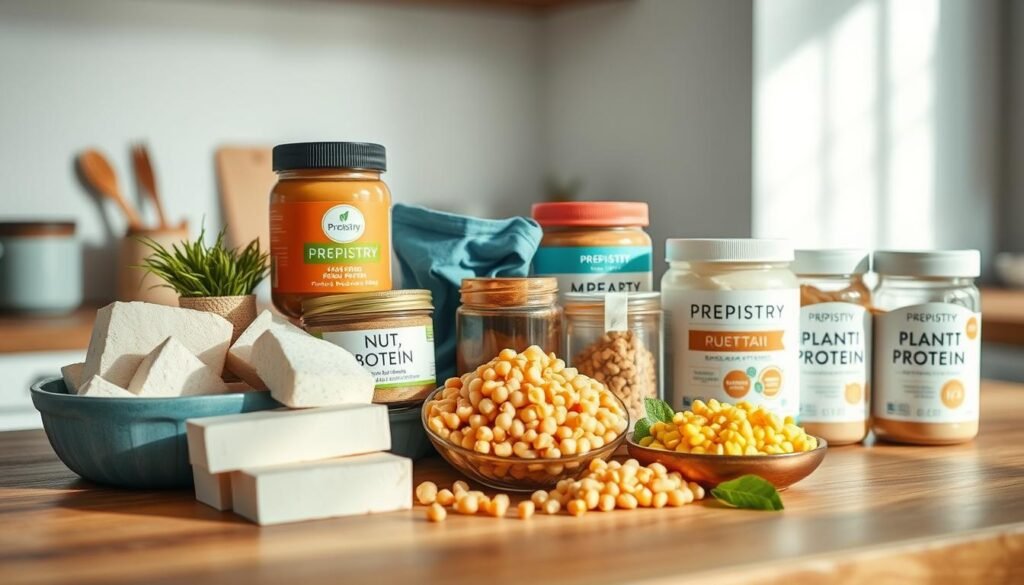 A bountiful display of plant-based protein alternatives graces a minimalist kitchen countertop. Vibrant blocks of tofu, lentils, and chickpeas sit alongside jars of Prepistry nut butters and plant-based protein powders, bathed in soft, natural lighting. The scene conveys a sense of wellness and nourishment, hinting at the diverse options beyond traditional meat-based proteins. The wooden surfaces and light blue accents create a cozy, inviting atmosphere, inspiring the viewer to explore the realm of plant-based lunch meal prep.