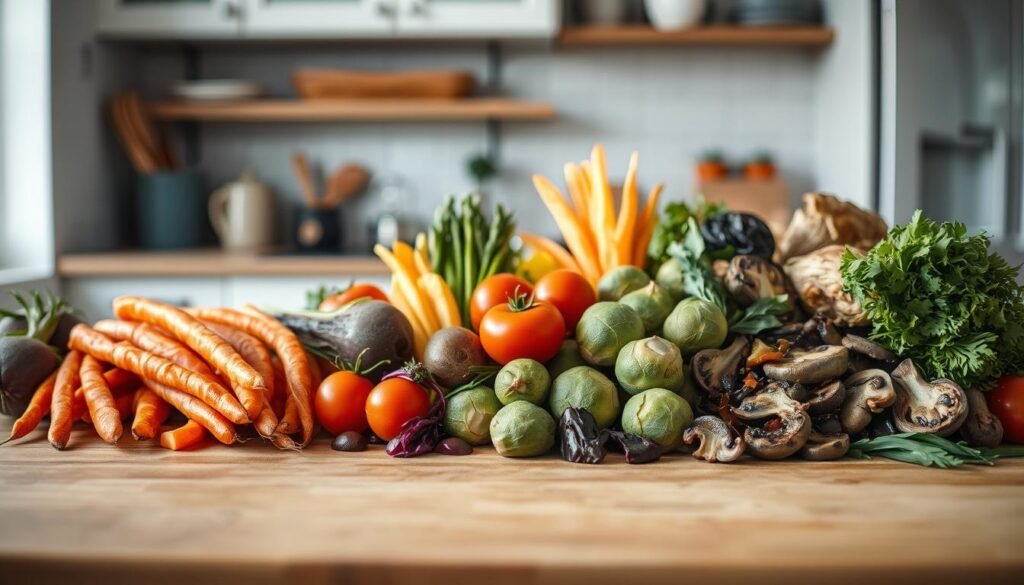 A bountiful display of raw and cooked veggie combinations, artfully arranged on a natural wooden table in a cozy, minimal kitchen. Crisp carrots, vibrant beets, tender asparagus, and juicy tomatoes stand alongside roasted Brussels sprouts, caramelized onions, and sautéed mushrooms. The interplay of textures and colors creates a visually stunning composition, accentuated by the soft, natural lighting and the serene blue accents that lend a calming atmosphere. The image captures the essence of fresh, seasonal produce, inviting the viewer to explore the endless possibilities of nutrient-rich, flavorful vegetable combinations.