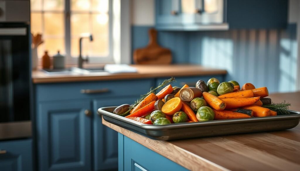 A bountiful harvest of seasonal produce, roasted to perfection in a cozy, minimal kitchen. Vibrant vegetables, like sweet potatoes, Brussels sprouts, and carrots, are arranged artfully on a rustic sheet pan, their edges caramelized under the warm glow of the oven's amber light. The muted blue cabinets and natural wood textures create a calming, autumnal atmosphere, inviting you to savor the flavors of the changing seasons. Shadows dance across the scene, adding depth and dimension, while the clean, uncluttered space allows the focus to remain on the delectable, roasted bounty.