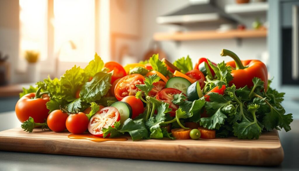 A bountiful salad in a modern, light-filled kitchen with pale blue accents. Fresh leafy greens, vibrant tomatoes, crunchy cucumbers, and colorful bell peppers arranged artfully on a wooden cutting board. A splash of olive oil glistens on the produce, highlighting their natural freshness. Warm lighting from a large window casts a cozy glow, casting soft shadows that accentuate the textures. The scene exudes a sense of wholesome nourishment and meal prep efficiency, perfectly capturing the essence of incorporating fresh, healthy salads into a balanced dinner routine.