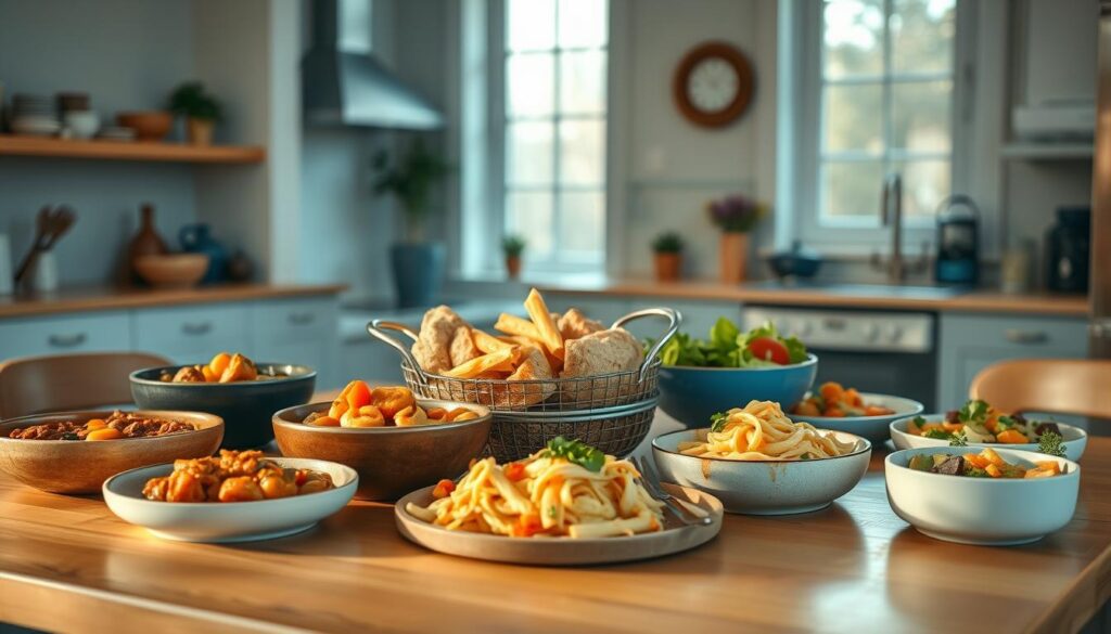 A bountiful selection of budget-friendly dinner meals arranged artfully on a wooden table in a cozy, minimal kitchen. Hearty stews, colorful salads, and simple pasta dishes come together in a harmonious display, lit by soft, natural light filtering through large windows. The blue-tinted accents add a calming, relaxed atmosphere, inviting the viewer to imagine enjoying these nourishing and affordable meals during a busy week. The scene conveys a sense of balanced, wholesome nutrition and practical meal planning.