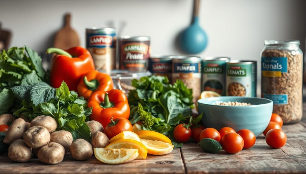 A bountiful selection of budget-friendly meal prep ingredients arranged on a weathered wooden table, basking in soft, natural lighting. In the foreground, a variety of fresh produce - hearty potatoes, leafy greens, vibrant bell peppers, and ripe tomatoes - beckons. Transitioning to the middle ground, cans of beans, lentils, and whole grains provide a well-rounded pantry foundation. Subtle blue accents, like a ceramic bowl, lend a calming, minimalist atmosphere to the cozy kitchen setting. This carefully curated still life captures the essence of economical, nutritious meal planning and bulk cooking.