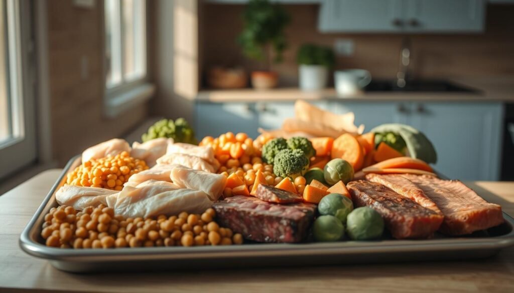A bountiful selection of high-protein ingredients arranged on a stainless steel sheet pan, bathed in soft, natural light filtering through a nearby window. In the foreground, an assortment of lean meats, such as chicken breasts, salmon fillets, and sirloin steak, alongside hearty legumes like chickpeas and lentils. In the middle ground, a variety of fresh vegetables, including broccoli florets, sweet potato cubes, and Brussels sprouts, all neatly organized. The background features a minimalist, cozy kitchen with wooden textures and light blue accents, creating a warm and inviting atmosphere for this nutritious, muscle-recovery-focused meal.