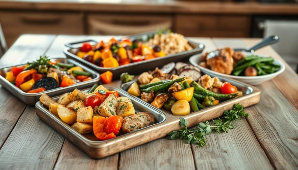 A bountiful selection of seasonal one-pan meals artfully arranged on a rustic wooden table, with a clean, minimalist aesthetic. The vibrant colors of roasted vegetables, tender proteins, and aromatic herbs create a visually appealing and appetizing display, all bathed in soft, natural lighting that casts gentle shadows. The image exudes a sense of simplicity, efficiency, and the comforting warmth of a well-designed, functional kitchen. The overall mood is one of culinary inspiration and the joys of effortless, wholesome meal preparation.