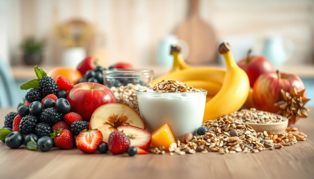 A bountiful selection of whole food ingredients for a nourishing morning meal, arranged artfully on a wooden table in a cozy, minimal kitchen. In the foreground, fresh fruits like juicy berries, crisp apples, and ripe bananas. In the middle, creamy yogurt, hearty oats, and crunchy nuts and seeds. In the background, a backdrop of light blue accents and wooden textures, creating a calming, natural ambiance. The lighting is soft and diffuse, highlighting the natural colors and textures of the ingredients. The overall composition evokes a sense of simplicity, wholeness, and the goodness of a well-balanced, low-sugar breakfast.