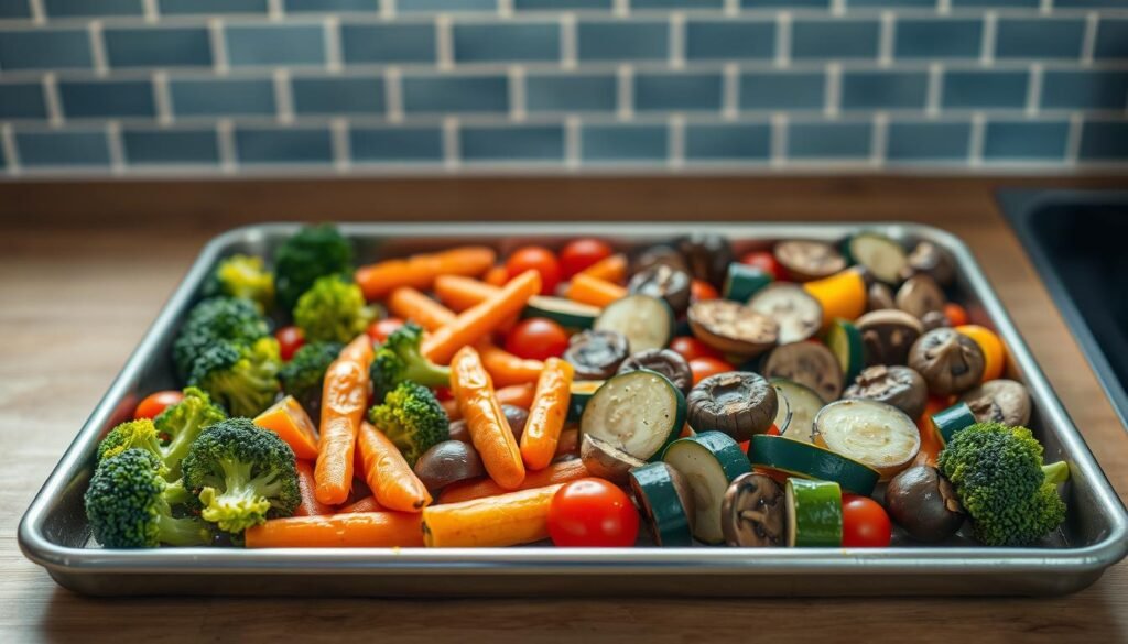 A bountiful sheet pan displays a vibrant array of healthy vegetables, evenly roasted to perfection. Fresh broccoli florets, crisp carrots, and succulent cherry tomatoes nestle alongside tender zucchini slices and earthy mushrooms, all drizzled with a light olive oil glaze. The pan rests atop a wooden kitchen counter, with a minimalist blue-tiled backsplash providing a clean, modern backdrop. Soft, natural lighting filters in, casting a warm, inviting glow over the nourishing spread. This harmonious composition celebrates the beauty and versatility of seasonal produce, inspiring home cooks to embrace the power of simple, wholesome ingredients.