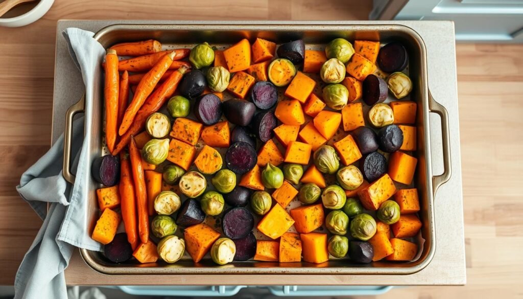 A bountiful sheet pan filled with an array of roasted vegetables, including vibrant carrots, earthy beets, tender Brussels sprouts, and buttery-soft sweet potatoes. The vegetables are arranged in a visually appealing manner, with a light dusting of herbs and a drizzle of olive oil, creating a rustic, appetizing scene. The kitchen setting is warm and inviting, with wooden textures and light blue accents, showcasing the simplicity and elegance of this wholesome dish. Soft, natural lighting casts a gentle glow, highlighting the caramelized edges and vibrant colors of the roasted vegetables, creating a mouthwatering image that perfectly captures the section's focus on 