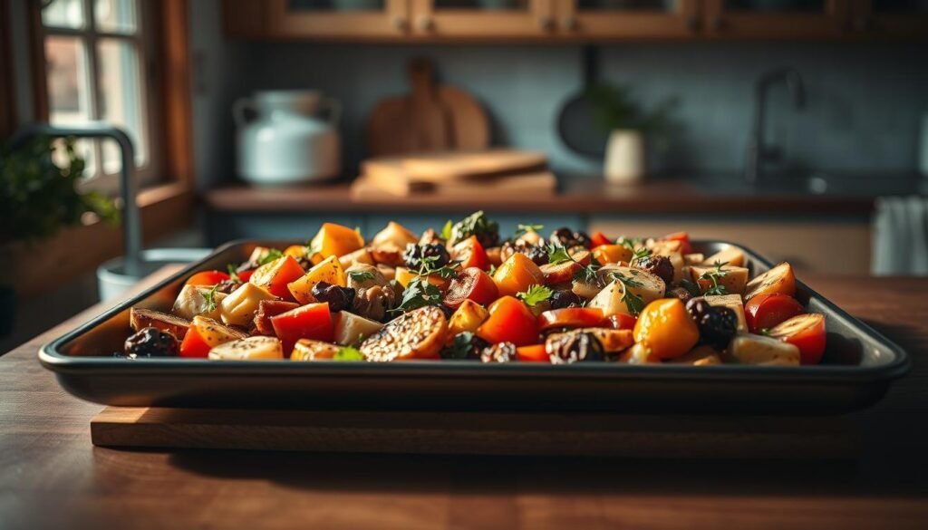 A bountiful sheet pan filled with an array of roasted vegetables, lean protein, and vibrant herbs, bathed in the warm glow of a cozy kitchen. The scene is framed by wooden accents and soft blue hues, creating a minimalist yet inviting atmosphere. The meal, effortlessly assembled, stands as a testament to the convenience and simplicity of sheet pan cooking, a harmonious fusion of nourishment and ease.