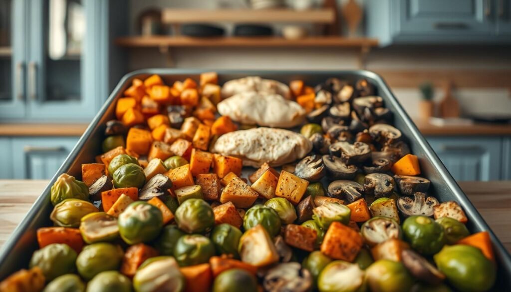 A bountiful sheet pan filled with an assortment of vibrant, dietary-friendly ingredients. In the foreground, an array of roasted vegetables - crisp brussels sprouts, tender sweet potatoes, and earthy mushrooms. In the middle, juicy chicken breasts or tofu cubes, seasoned to perfection. The background showcases a minimalist kitchen setting, with light blue cabinetry, natural wood accents, and a soft, diffused lighting that creates a warm, inviting atmosphere. The overall composition conveys a sense of balance, simplicity, and nourishment, perfectly capturing the essence of a customizable, dietary-friendly sheet pan meal.