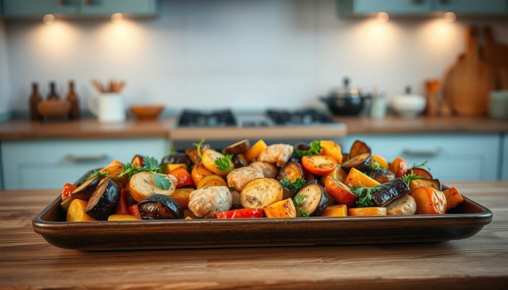 A bountiful sheet pan meal sits atop a wooden kitchen counter, brimming with roasted vegetables, tender proteins, and vibrant herbs. The arrangement is artful, with each component perfectly balanced and complementing the others. Warm, indirect lighting casts a soft glow, highlighting the caramelized edges and natural textures. In the background, a minimalist kitchen with light blue accents creates a soothing, inviting atmosphere, free of clutter or distractions. This image captures the effortless elegance and time-saving convenience of a sheet pan dinner, making it an appealing and appetizing representation of the benefits of this versatile cooking method.