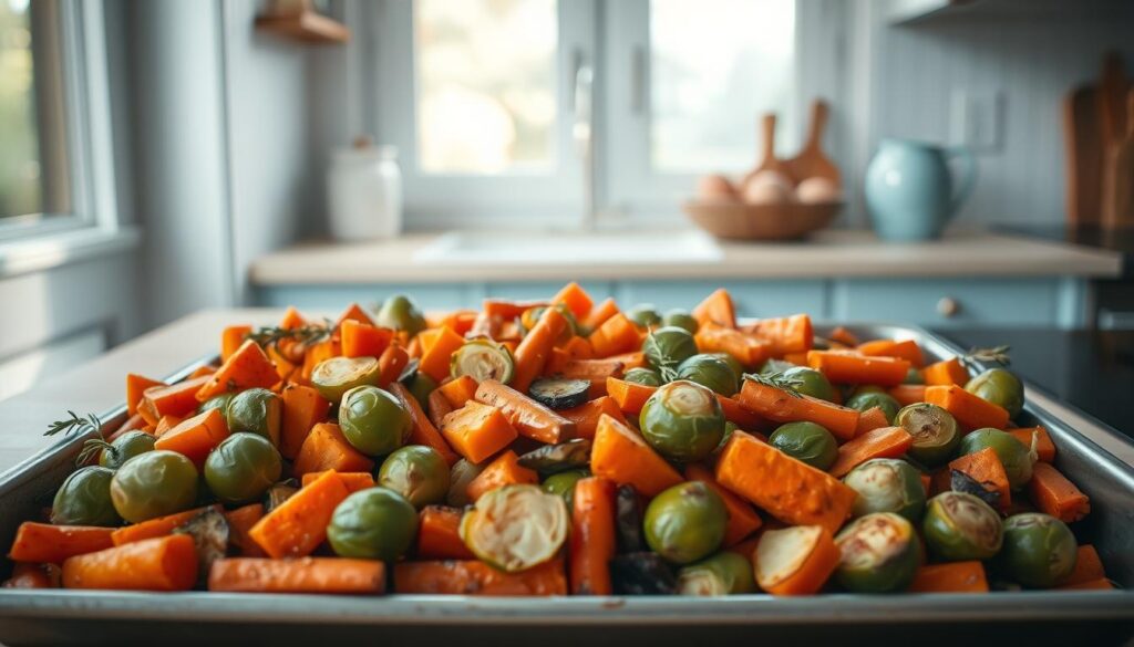 A bountiful sheet pan overflows with an array of roasted vegetables: vibrant orange sweet potatoes, earthy baby carrots, and crisp Brussels sprouts. Hints of garlic, rosemary, and olive oil permeate the scene, creating a warm, inviting aroma. Soft natural light filters through a window, casting a gentle glow over the scene. The minimalist kitchen's wooden textures and light blue accents provide a tranquil backdrop, allowing the colorful vegetables to take center stage. This tempting tableau promises a nourishing, flavorful meal, perfectly suited for a clean eating lifestyle.