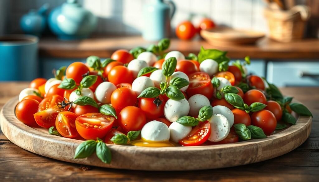 A bountiful spread of Caprese salad variations arranged on a simple wooden table against a backdrop of light blue kitchen accents. Ripe tomatoes in various hues, creamy mozzarella spheres, fresh basil leaves, and a drizzle of olive oil create a vibrant and visually appealing composition. The natural lighting casts a soft, warm glow, highlighting the textures and colors of the ingredients. The overall scene conveys a sense of freshness, simplicity, and Italian culinary delights, perfectly suited to illustrate a section on refreshing Caprese creations.