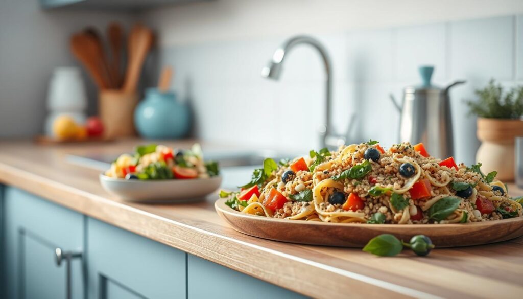 A bountiful spread of nut-free pasta and quinoa salads sits atop a wooden kitchen counter, surrounded by light blue accents and a minimalist, cozy ambiance. The salads feature a vibrant array of fresh vegetables, herbs, and grains, artfully arranged to showcase their textures and colors. Soft, natural lighting casts a warm glow, highlighting the delectable dishes and creating an inviting atmosphere. The composition evokes a sense of nourishment and simplicity, perfectly capturing the essence of a nut-free, school-safe lunchtime delight.