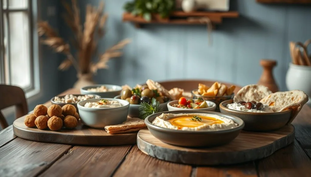 A bountiful spread of traditional Middle Eastern mezze laid out on a rustic wooden table against a backdrop of light blue walls and natural textures. Crisp falafel balls, creamy hummus, tangy baba ghanoush, marinated olives, and freshly baked pita bread come together in a visually appealing and mouthwatering arrangement. Warm, soft lighting casts a cozy, inviting glow, drawing the viewer in to savor the flavors and aromas of this quintessential Mediterranean culinary experience.