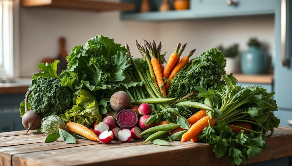A bountiful still life of fresh spring vegetables arranged on a rustic wooden surface, bathed in warm, natural light from a nearby window. The vibrant greens of kale, spinach, and asparagus stand out against the earthy tones of rooted vegetables like beets and carrots. Glistening radishes, crisp snow peas, and verdant herbs add pops of color and texture. The scene exudes a sense of vitality and nourishment, reflecting the anti-inflammatory benefits of these seasonal ingredients. A tranquil, minimal kitchen setting with light blue accents creates a soothing, inviting atmosphere.