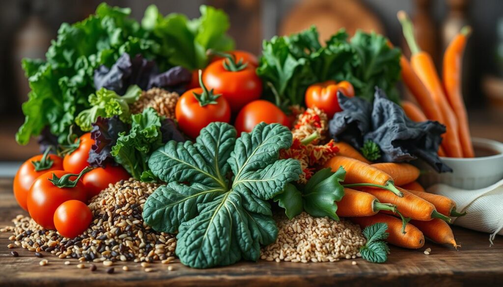 A bountiful still life of fresh, vibrant vegetables and whole grains arranged on a wooden kitchen countertop, bathed in soft, natural lighting. Crisp greens, deep purples, and warm oranges create a visually striking contrast against the rustic, neutral tones. Hearty quinoa, nutty farro, and chewy brown rice provide a textural foundation, while leafy kale, juicy tomatoes, and crunchy carrots burst with color and nourishment. The scene exudes a sense of balance, wholesomeness, and culinary potential, inviting the viewer to craft a satisfying, vibrant meal.