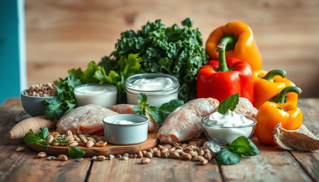 A bountiful still life of protein-rich ingredients artfully arranged on a rustic wooden table, set against a backdrop of light blue accents and warm natural textures. Juicy chicken breasts, vibrant leafy greens, a selection of nuts and seeds, creamy yogurt, and colorful bell peppers are illuminated by soft, natural lighting that highlights their fresh, wholesome appeal. The composition is balanced and visually appealing, inviting the viewer to imagine the nourishing, high-protein meal that could be prepared from these essential components.