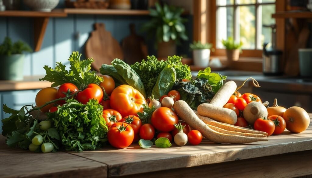 A bountiful still life of seasonal produce nestled in a cozy kitchen, sunlight streaming through the window. Vibrant fruits and vegetables - juicy tomatoes, crisp leafy greens, earthy root vegetables, and more - arranged with care on a rustic wooden table. The scene is infused with a sense of wellness and nourishment, reflecting the bounty of the seasons. Soft blue accents in the background create a calming, inviting atmosphere. The camera captures this scene from a slightly elevated angle, highlighting the natural beauty and allure of the fresh, wholesome ingredients.