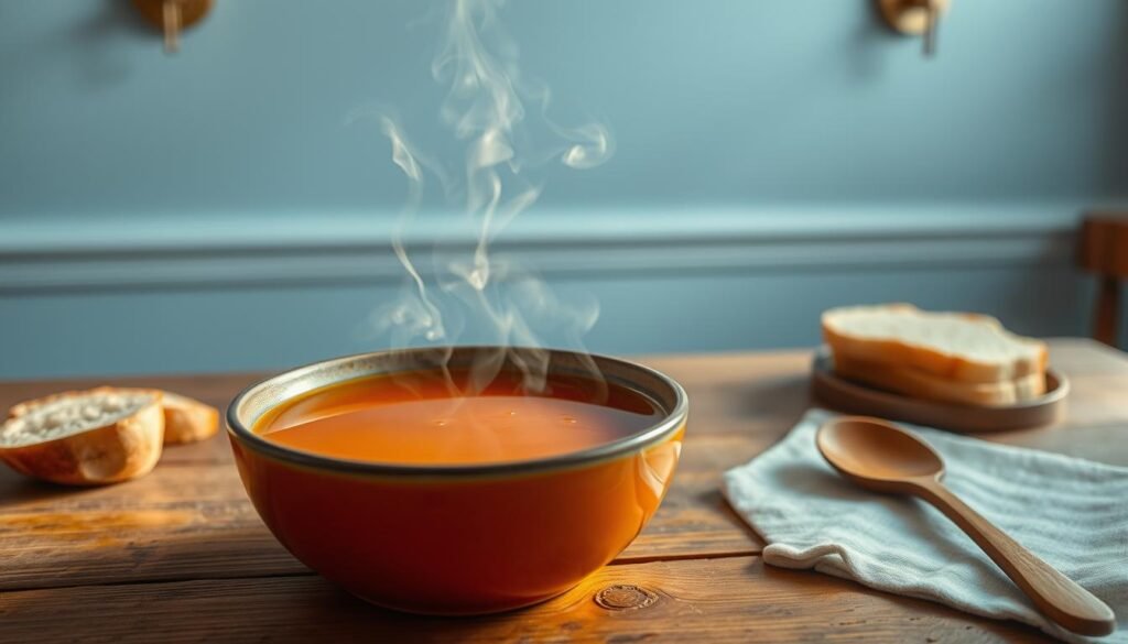 A bowl of simmering leftover soup broth sits atop a rustic wooden table, its rich amber hue reflecting the warm lighting from a pair of minimalist sconces on the pale blue walls. Wisps of steam curl lazily upwards, hinting at the savory depth of flavors within. The broth's surface gently ripples, inviting a comforting sip. Nearby, a stack of crusty bread slices and a wooden spoon suggest the simple pleasures of a nourishing, homemade meal. The scene exudes a sense of cozy, unassuming comfort - the kind that lingers on a chilly evening, promising sustenance and solace.