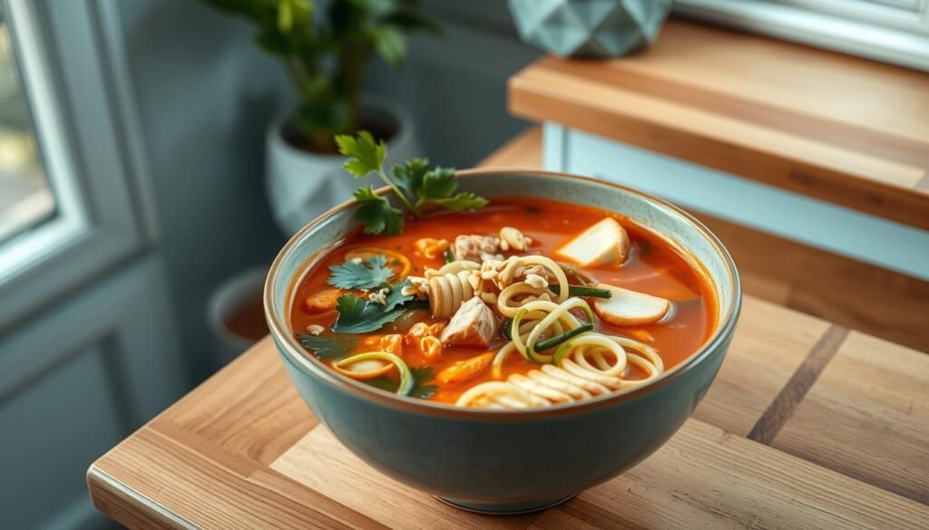 A bowl of steaming, vibrant red Thai curry zoodle soup, nestled in a cozy kitchen with wooden countertops and light blue accents. Tender, spiralized zucchini noodles float in a rich, coconut-infused broth, punctuated by tender pieces of chicken and a medley of fresh vegetables. Garnished with a sprig of fragrant cilantro, a drizzle of creamy coconut milk, and a sprinkle of crushed peanuts, the dish radiates warmth and nourishment. The scene is captured in soft, natural lighting, emphasizing the soup's vibrant hues and the tranquil, minimalist atmosphere of the kitchen.