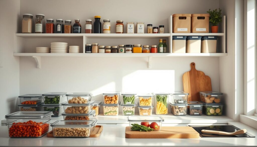 A bright, airy kitchen bathed in soft, natural light. Freshly cooked meals neatly arranged in an assortment of glass storage containers, their contents clearly visible. Sleek, minimal shelves hold an array of spices, jars, and carefully labeled meal prep boxes. A wooden cutting board rests on the counter, hinting at the culinary delights soon to be savored. The space exudes a sense of organization and efficiency, inviting the viewer to imagine the flavorful, nourishing meals that will emerge from this tidy, purposeful kitchen.