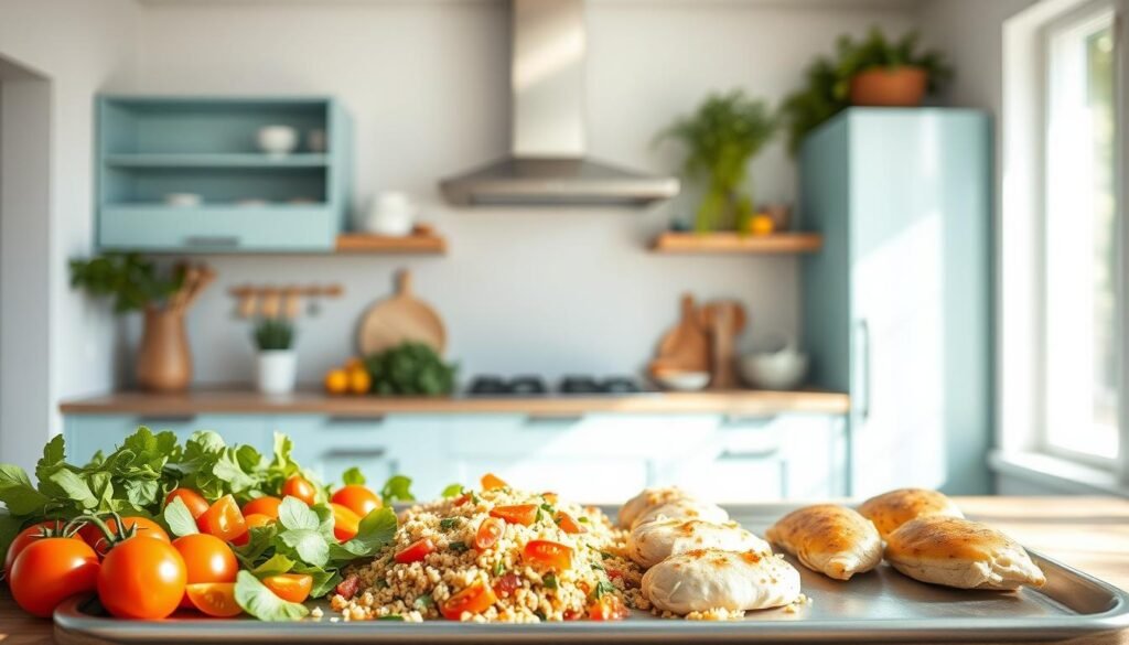 A bright, airy kitchen filled with natural light and clean wooden surfaces. In the foreground, an array of fresh, colorful ingredients - leafy greens, juicy tomatoes, and lean proteins - are arranged on a large, stainless steel baking sheet. The middle ground showcases a variety of diet-friendly adaptations, such as quinoa, roasted vegetables, and baked chicken breasts, all perfectly portioned and ready to be enjoyed. The background features minimalist shelving units with sleek, light blue accents, creating a calming, inviting atmosphere. The overall scene exudes a sense of health, balance, and culinary inspiration.