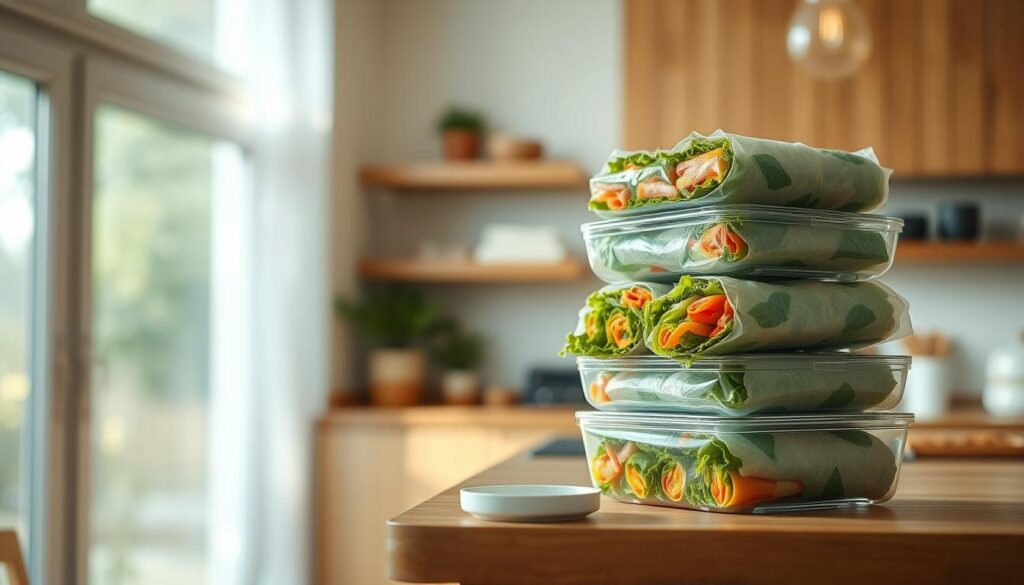 A bright, airy kitchen interior with minimal decor and wooden accents. On a wooden counter, a stack of transparent glass containers holds fresh, vibrant summer rolls. Soft, indirect lighting creates a warm, inviting atmosphere. The rolls are neatly arranged, with a dipping sauce in a small bowl beside them. The overall scene conveys a sense of clean, organized storage and meal prep, ideal for the 