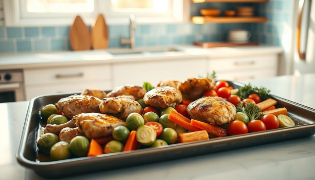 A bright, airy kitchen with a light blue tile backsplash and wooden shelves. On a large sheet pan, golden-brown roasted chicken pieces rest alongside an assortment of fresh vegetables - tender Brussels sprouts, sliced carrots, and vibrant cherry tomatoes. The pan glistens with a drizzle of olive oil, and the arrangement is framed by a minimal, clean-lined aesthetic. Warm, natural lighting filters in, casting a soft glow over the scene. The overall mood is one of simplicity, nourishment, and culinary efficiency, capturing the essence of a wholesome sheet pan dinner.