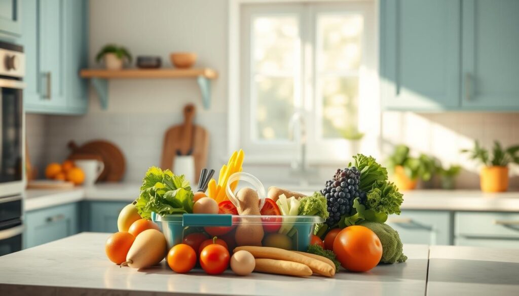 A bright, airy kitchen with a minimalist design, featuring light blue cabinets and wooden accents. On the countertop, a Prepistry meal prep container showcases an assortment of fresh, vibrant gluten-free ingredients - crisp vegetables, juicy fruits, and protein-rich options. The scene is bathed in warm, natural light, highlighting the healthy, nutrient-dense foods and conveying the benefits of a gluten-free lifestyle. The overall atmosphere is calm, inviting, and evocative of the positive impact a gluten-free diet can have on one's well-being.